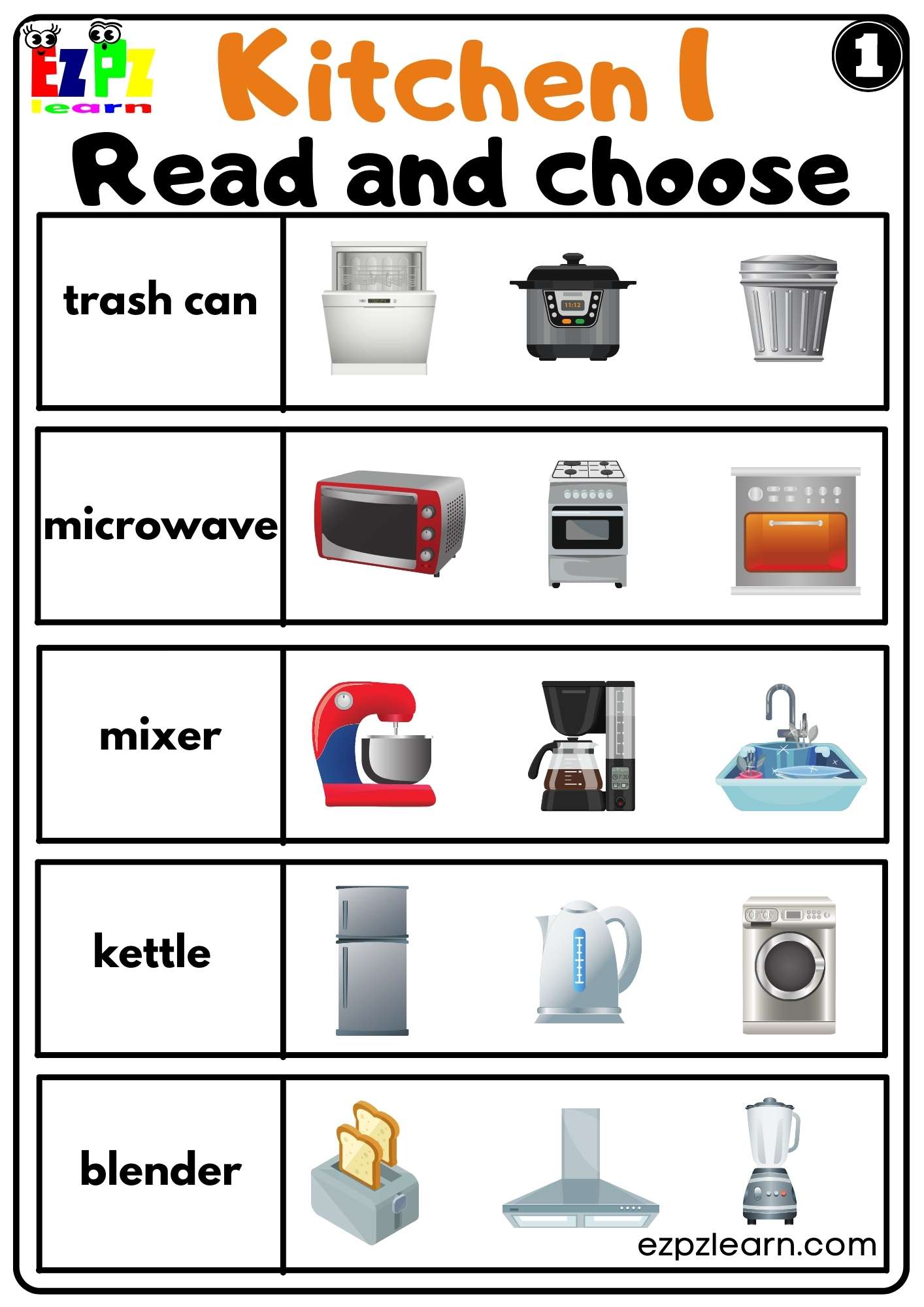Kitchen Appliances Read And Choose 